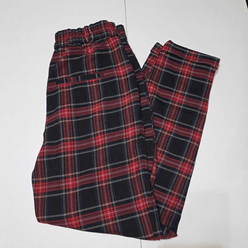 Bershka Red and Black Plaid Joggers Women